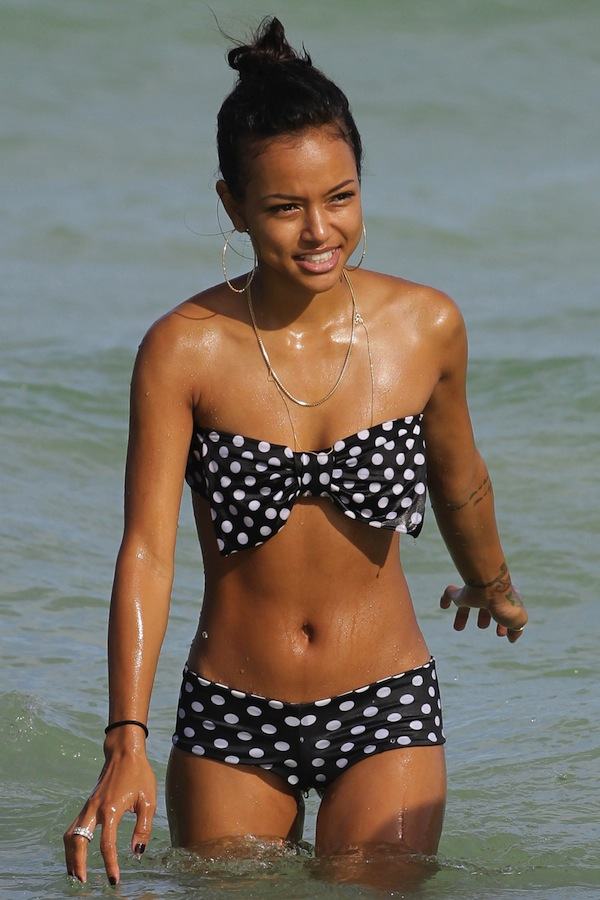 Karrueche Tran heats up Miami beach in a polka dot bow bikini